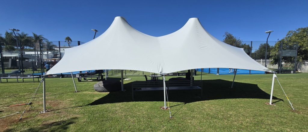Custom tensile shade cover installed by RAK Structures for Virgin Active Padel courts in Bedfordview