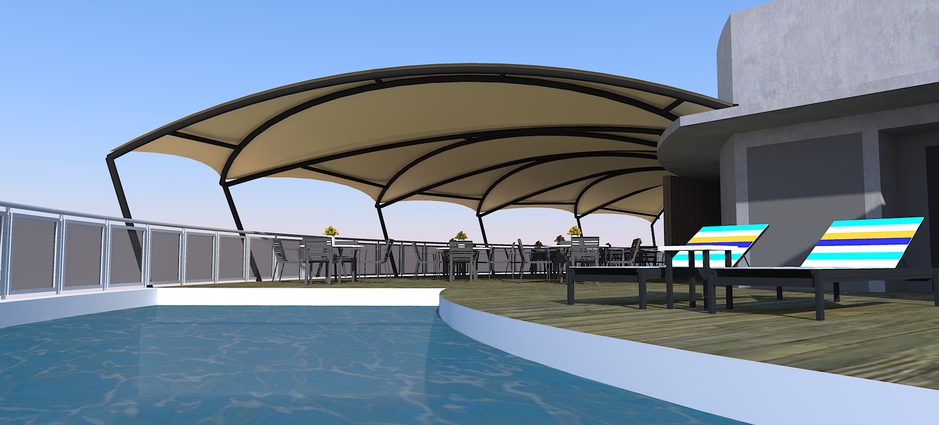 Custom rooftop pool deck cover proposal designed by RAK Structures for Gateway Hotel in Umhlanga